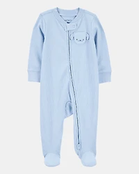 Baby Boy Dog Pocket 2-Way Zip Ribbed Sleep & Play Pajamas - Blue