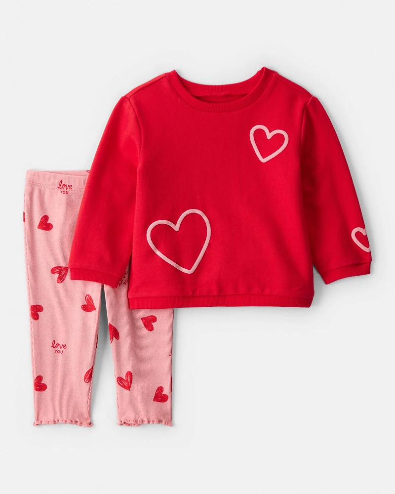 Baby Girl Valentine's Day 2-Piece Heart French Terry Tee & Pant Set - Red