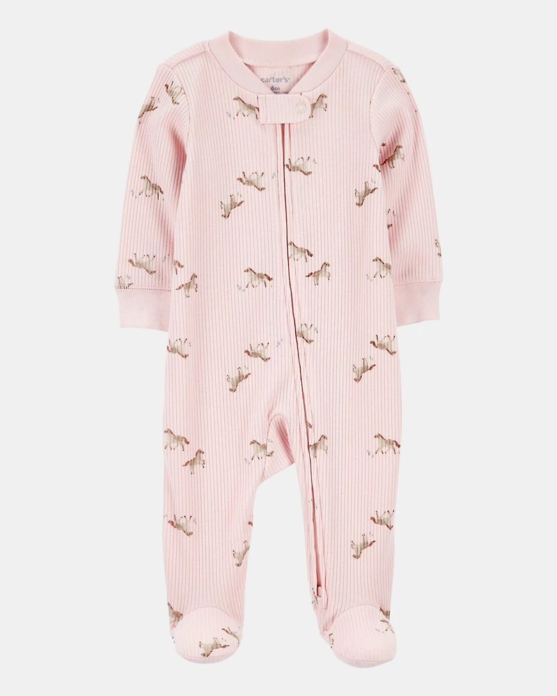 Baby Girl Horse Print 2-Way Zip Ribbed Sleep & Play Pajamas - Pink