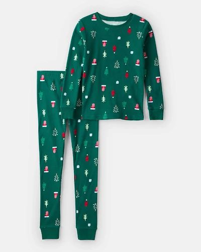 Kid Christmas Trees 100% Cotton Long-Sleeve Snug Fit 2-Piece Pajamas - Green