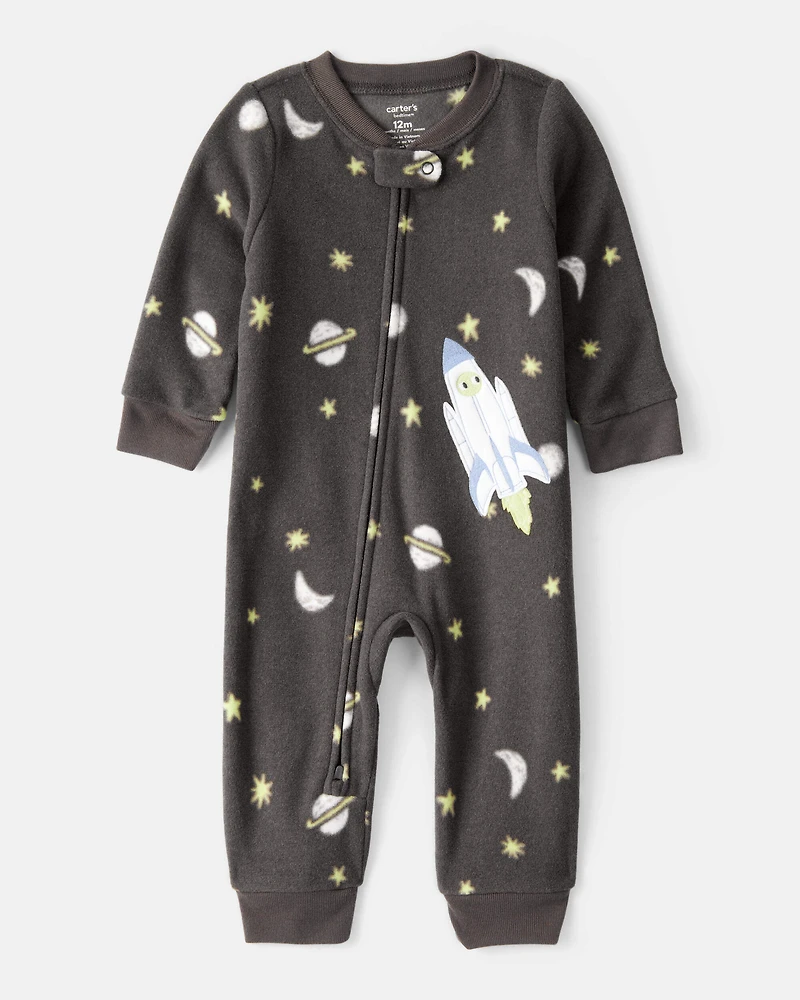 Baby Boy Spaceship Star Print Fleece Long-Sleeve Loose Fit 1-Piece Pajamas - Grey