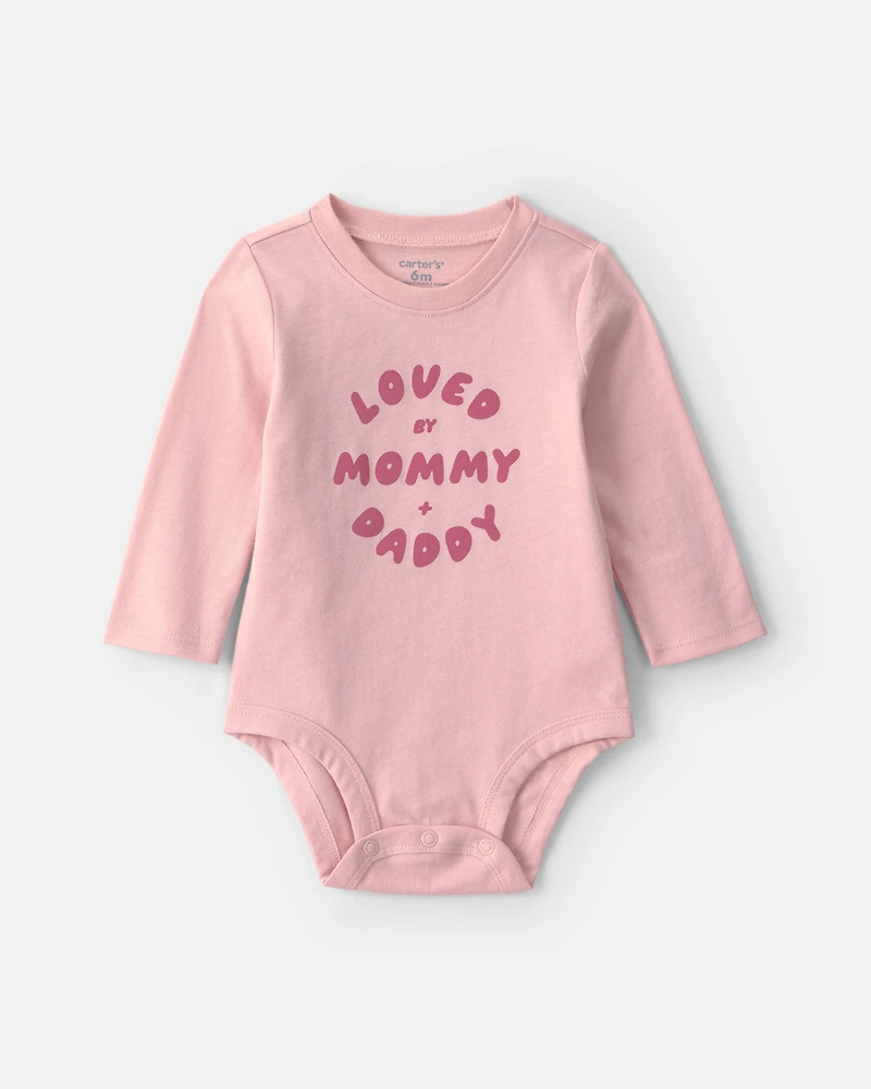 Baby Girl 'Loved By Mommy & Daddy' Long-Sleeve Graphic Bodysuit - Pink