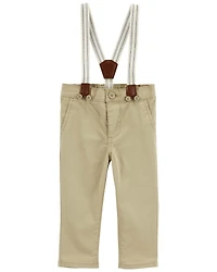 Baby Boy Twill Suspender Pants - Khaki