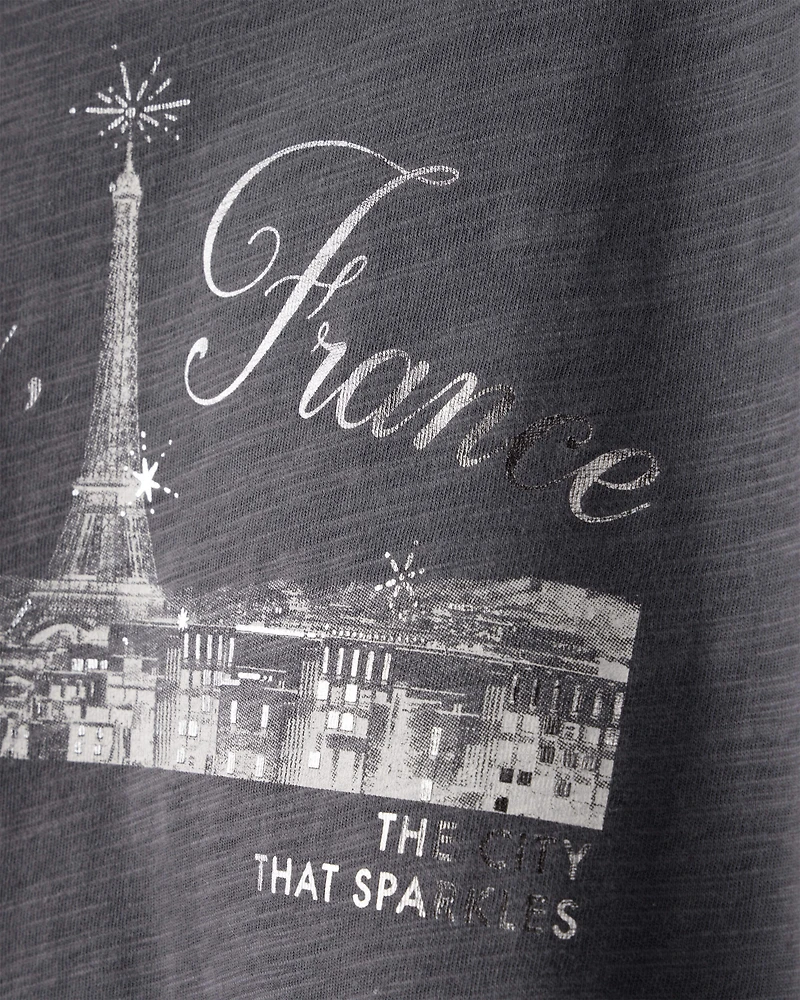 Girls Paris Cotton Short-Sleeve Graphic Tee - Grey