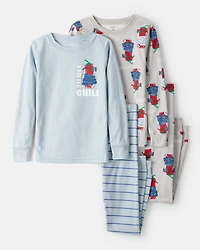 Boys Chili Pepper Print 100% Cotton Long-Sleeve Snug Fit 4-Piece Pajamas - Blue