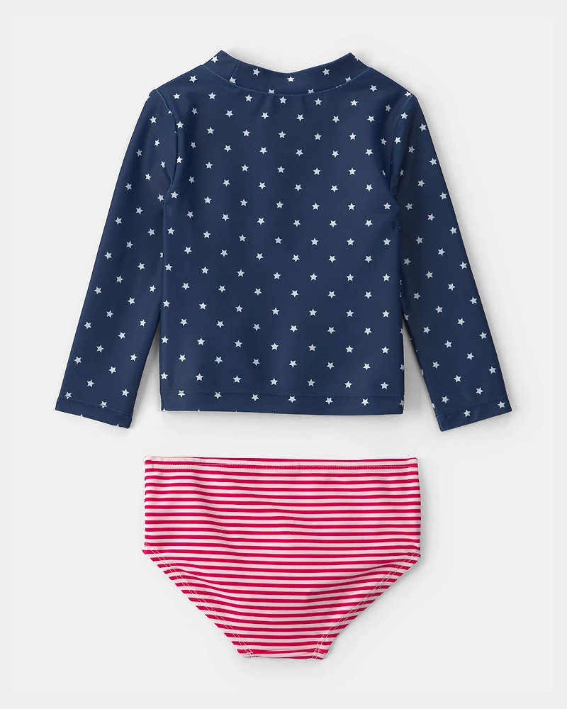Baby Girl 2-Piece American Flag Rashguard Swimsuit Set - Red/White/Blue