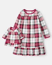 Girls Plaid Print Fleece 2-Piece Night Gown & Matching Doll Gown - Red/White