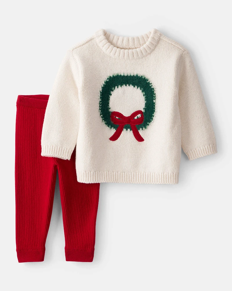 Baby Girl 2-Piece Wreath Long-Sleeve Sweater & Pant Set - White/Red