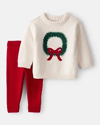 Baby Girl 2-Piece Wreath Long-Sleeve Sweater & Pant Set - White/Red