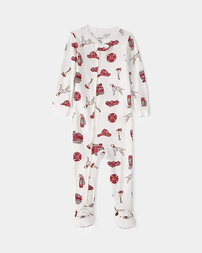 Baby Boy Firetruck 100% Cotton Snug Fit 1-Piece Pajama - White