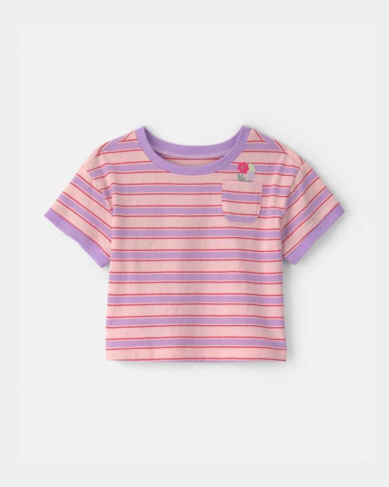 Baby Girl Flower Striped Short-Sleeve Top - Pink/Purple