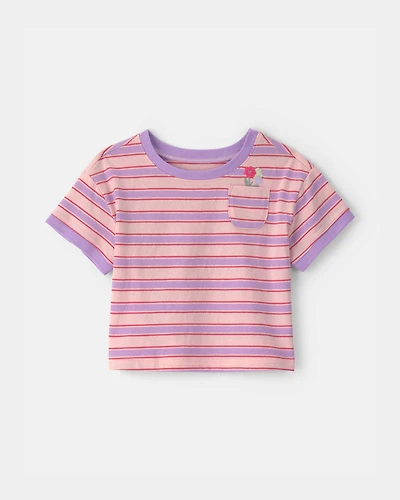 Baby Girl Flower Striped Short-Sleeve Top - Pink/Purple