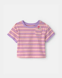 Baby Girl Flower Striped Short-Sleeve Top - Pink/Purple