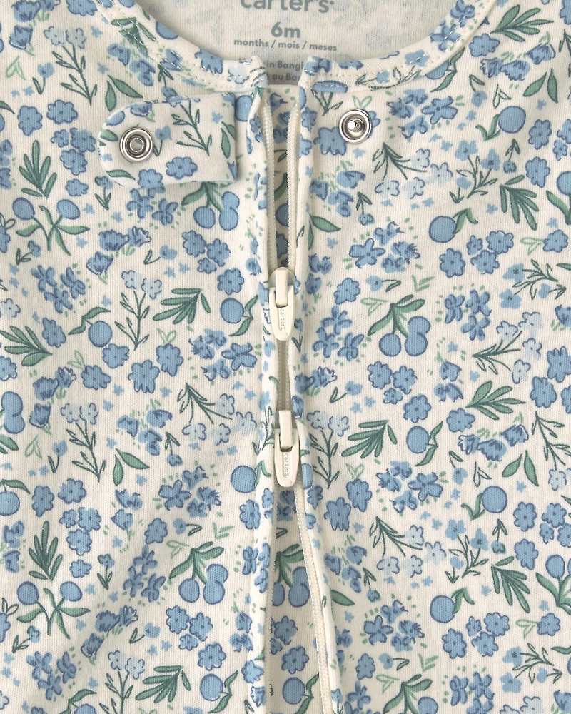 Baby Girl Floral 100% Cotton 2-Way Zip Sleep & Play Pajamas - Blue/Ivory