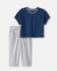Baby Boy 2-Piece French Terry Pocket T-Shirt & Striped Pants Set - Navy/Grey