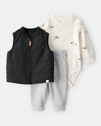 Baby Boy 3-Piece Quilted Vest Outfit Set - Grey/Black