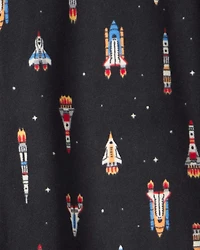 Boys Rocket Ship Print Fleece Long-Sleeve Loose Fit 1-Piece Pajamas - Black