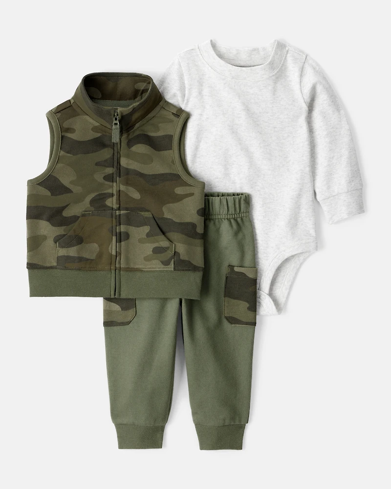 Baby Boy 3-Piece Camo French Terry Vest, Bodysuit & Pant Set - Green