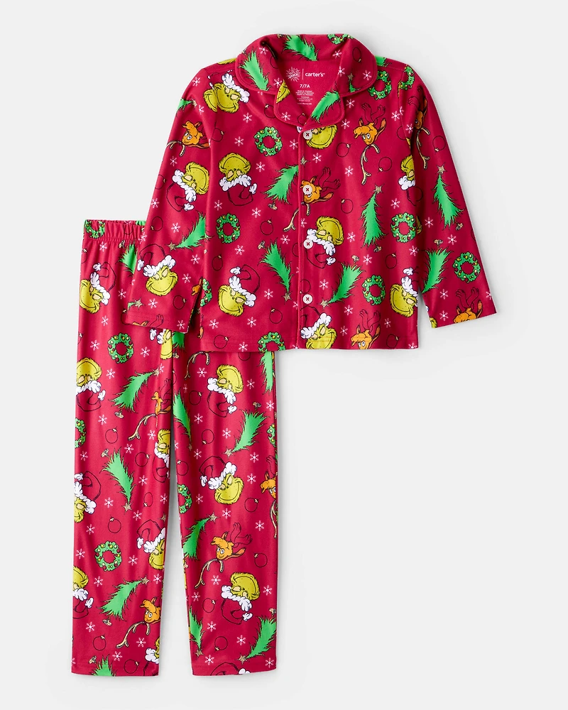 Kid Dr. Seuss™ The Grinch Print Fleece Long-Sleeve Loose Fit 2-Piece Pajamas - Red