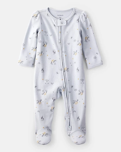 Baby Girl Unicorn Star Print 100% Cotton Long-Sleeve 2-Way Zip Sleep & Play Pajamas - Blue