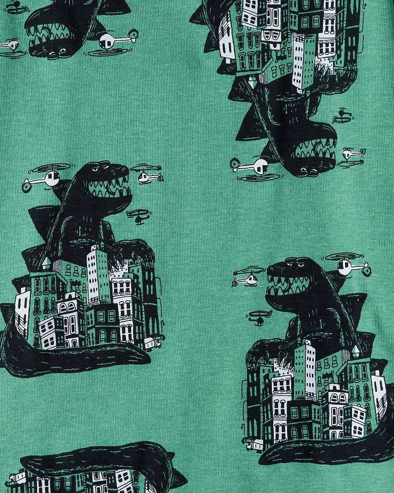 Boys Godzilla 100% Cotton  Loose Fit 4-Piece Pajamas - Black/Green