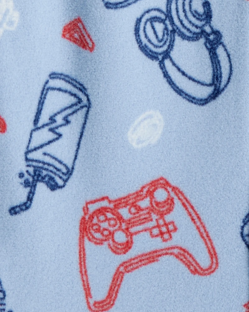 Boys Video Games Print Fleece Long-Sleeve Zip-Up 1-Piece Pajamas - Blue