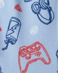 Boys Video Games Print Fleece Long-Sleeve Zip-Up 1-Piece Pajamas - Blue