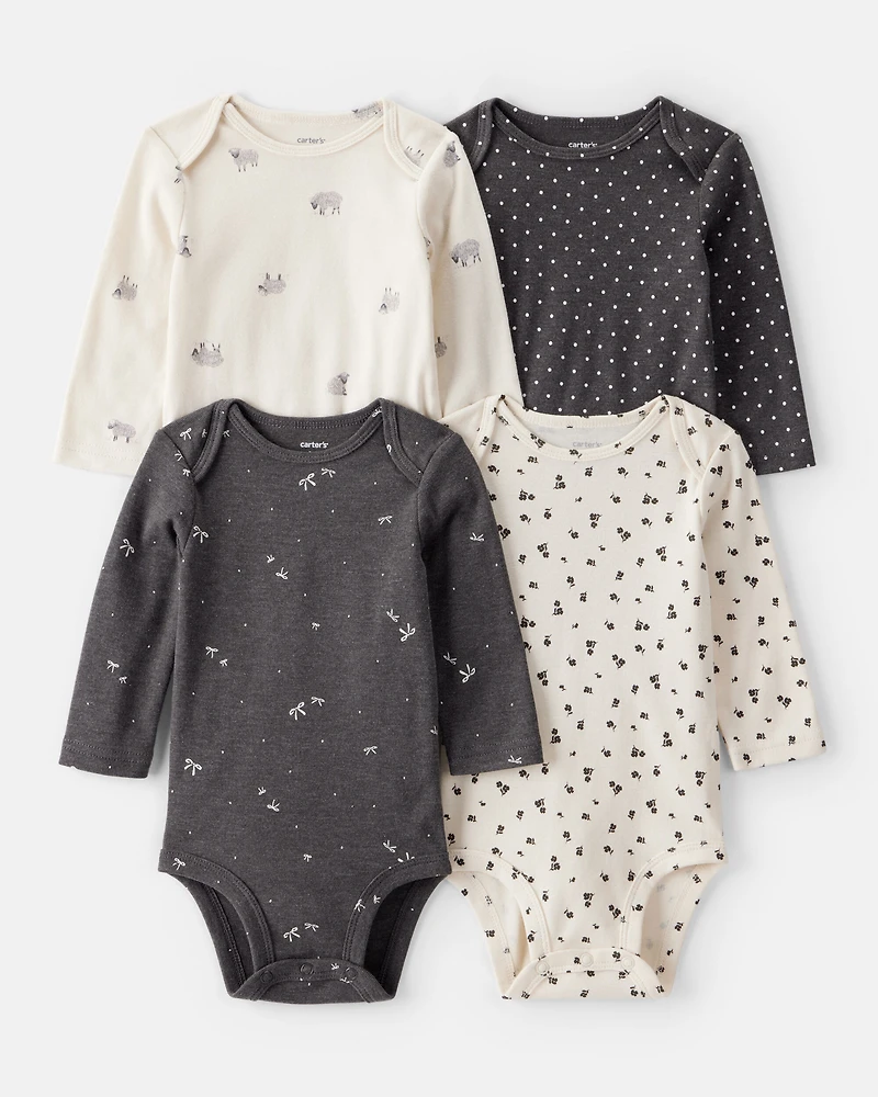 Baby Girl 4-Pack Sheep Print Long-Sleeve Multipack Bodysuits - Black/White