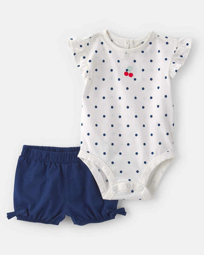 Baby Girl 2-Piece Cherry Polka Dots Short-Sleeve Bodysuit & Short Set - White/Blue