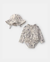 Baby Girl 2-Piece Floral Rashguard Swimsuit & Hat Set - Black/Ivory