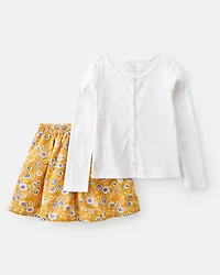Kid 2-Piece Button-Front Cardigan & Floral Skort Set - White/Gold
