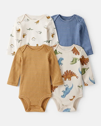 Baby Boy 4-Pack Dinosaur Print Cotton Long-Sleeve Multipack Bodysuits