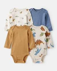 Baby Boy 4-Pack Dinosaur Print Cotton Long-Sleeve Multipack Bodysuits