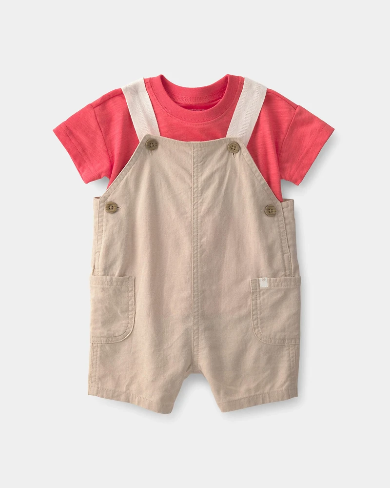Baby Boy 2-Piece Overall Set - Coral/Khaki