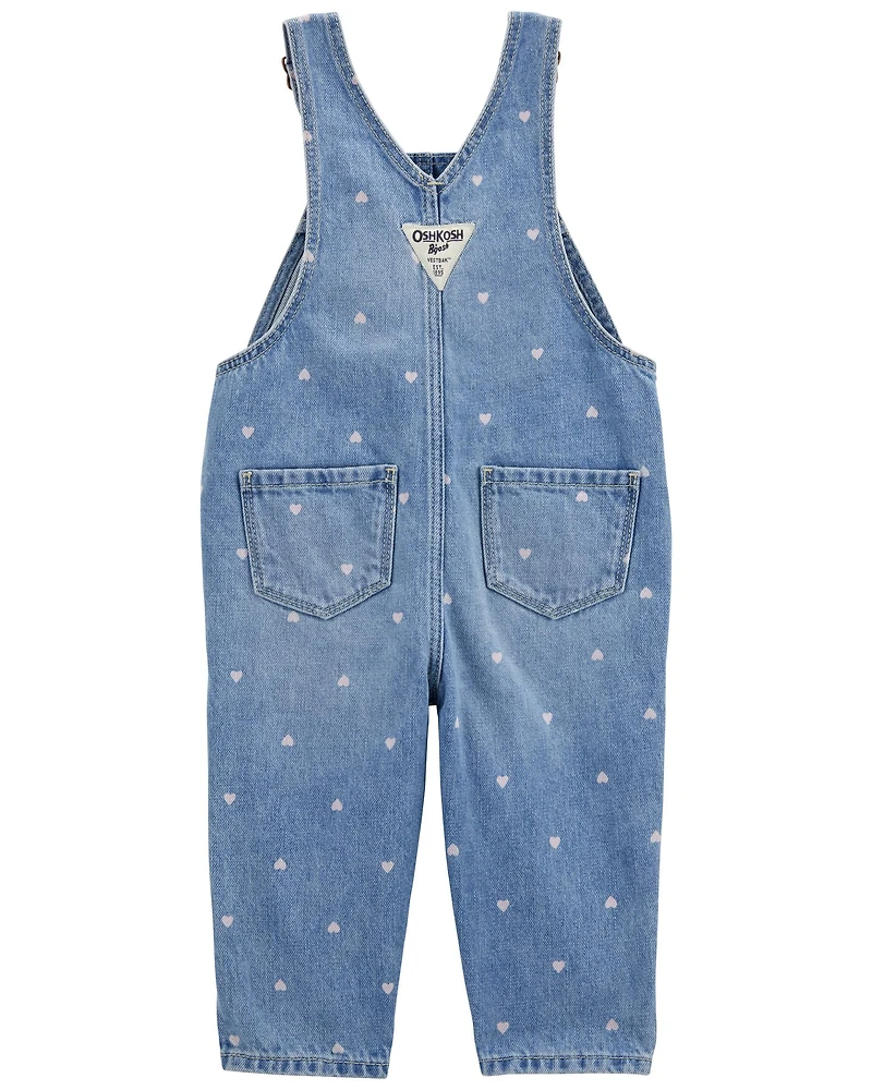 Baby Heart-Print Knit Denim Overalls - Blue