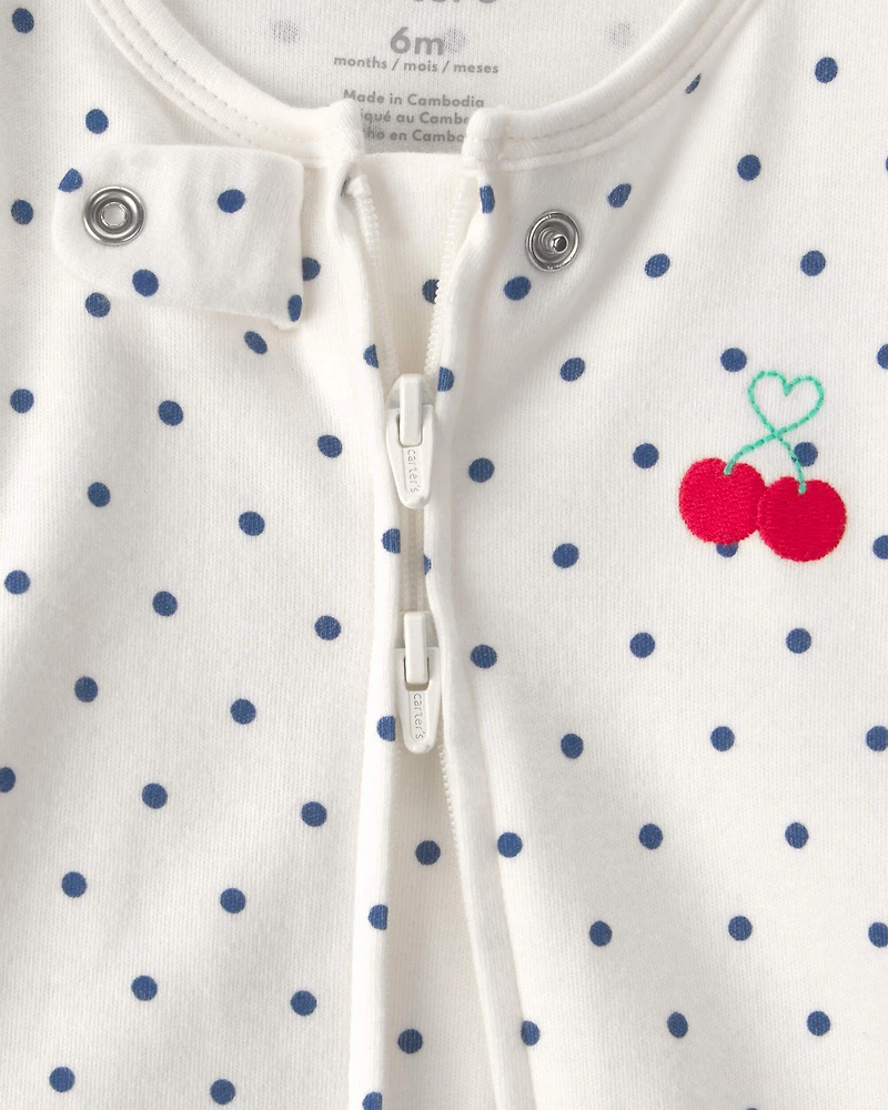 Baby Girl Cherry 2-Way Zip 100% Cotton Sleep & Play Pajama - White
