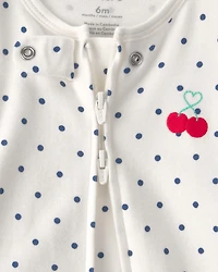 Baby Girl Cherry 2-Way Zip 100% Cotton Sleep & Play Pajama - White