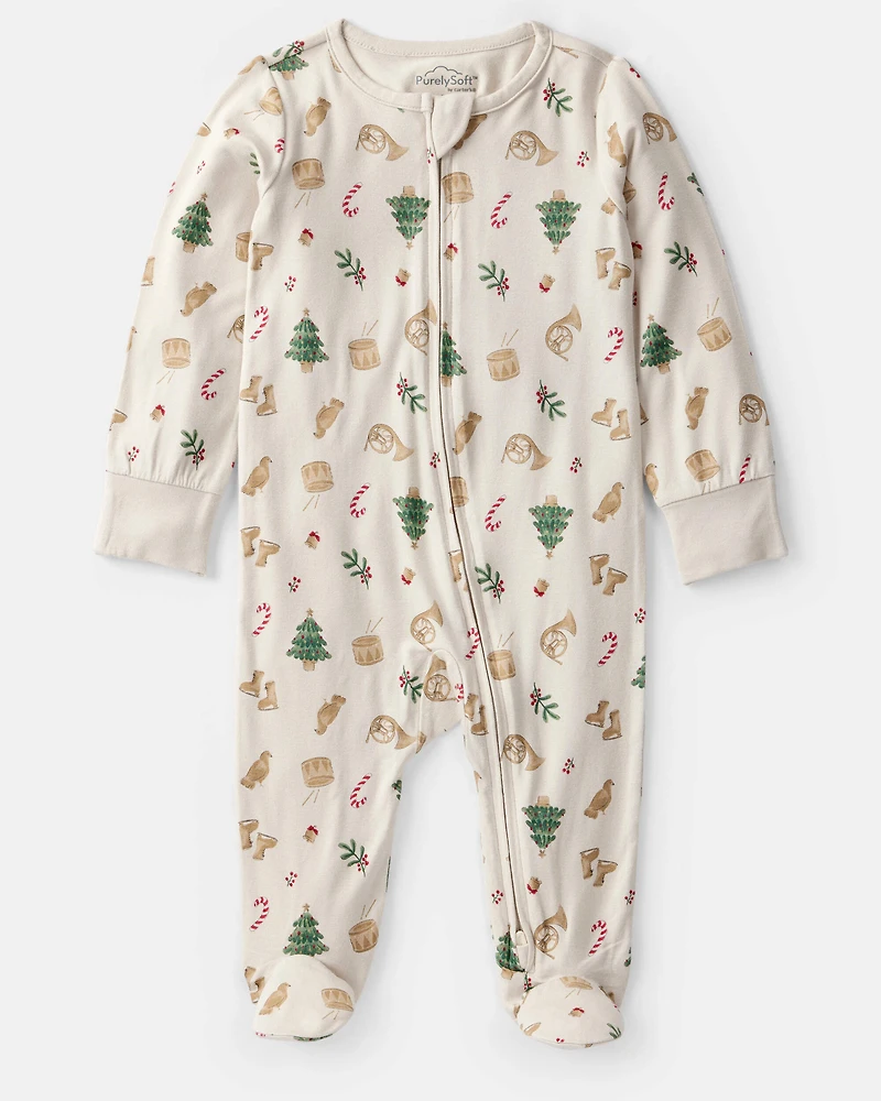 Baby Christmas Print PurelySoft Long-Sleeve Sleep & Play Pajamas - White