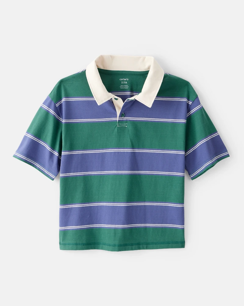 Boys Cotton Short-Sleeve Stripe Polo - Green/Blue