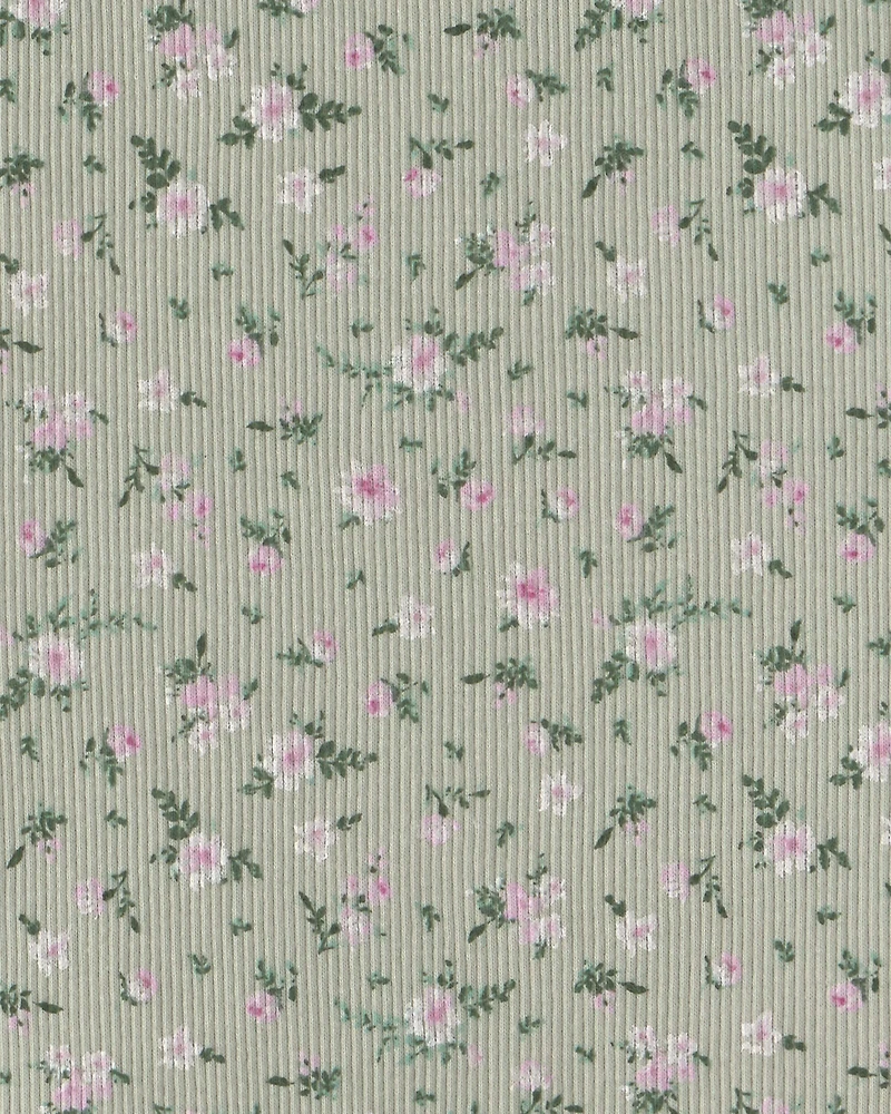 Girls Floral Ribbed Top - Green