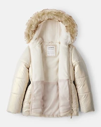 Girls Hooded Heavyweight Winter Jacket - Cream