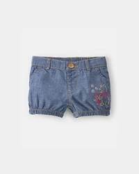Baby Girl Disney© Winnie the Pooh Chambray Embroidered Bubble Shorts - Medium Wash