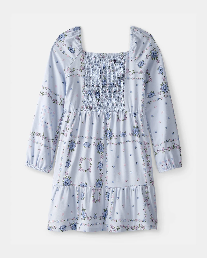 Girls Bandana Smocked Long-Sleeve Dress - Blue