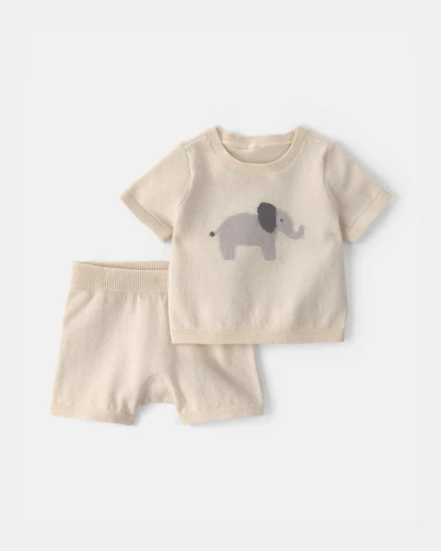 Baby 2-Piece Elephant Short-Sleeve Sweater Top & Short Set - Ivory
