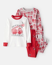 Toddler Firetruck Print 100% Cotton Long-Sleeve Snug Fit 4-Piece Pajamas - Red/White