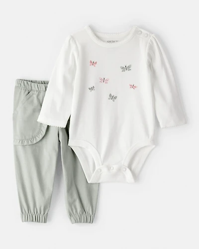 Baby Girl 2-Piece Butterfly Bodysuit & Pant Set - Green/White