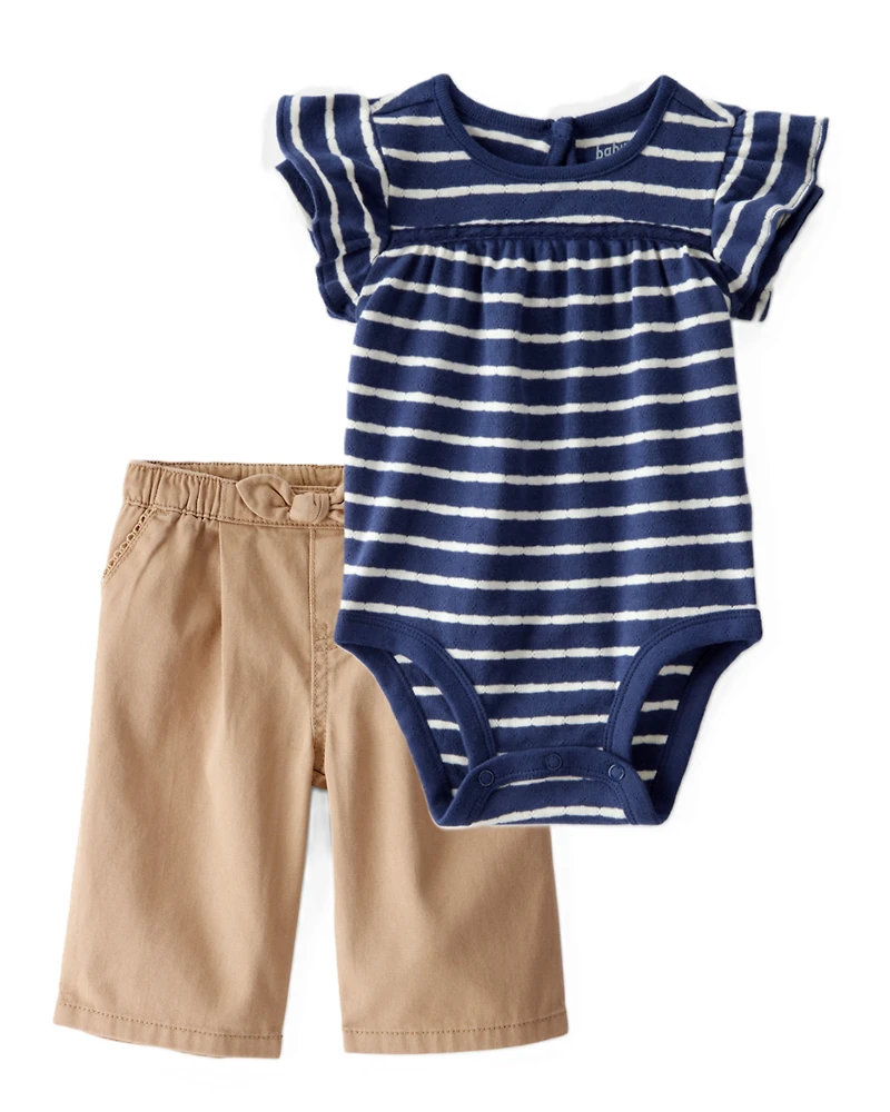 Baby Girl 2-Piece Striped Bodysuit & Twill Bow-Tie Shorts Set - Multi