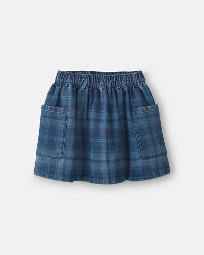 Girls Plaid Denim Skirt - Dark Wash