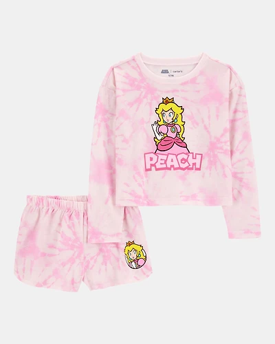 Kid Super Mario Bros™ Princess Peach Print Loose Fit 2-Piece Pajamas - Pink