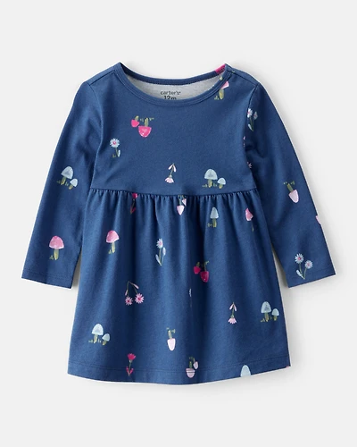 Baby Girl Mushroom Print Long-Sleeve Cotton Dress - Blue